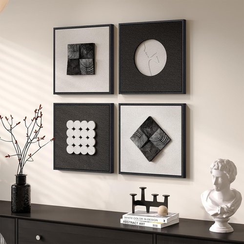 3D Wood Textured Wall Art Set by [Brand Name] - Modern Black & White Geometric Paintings for Home Decor