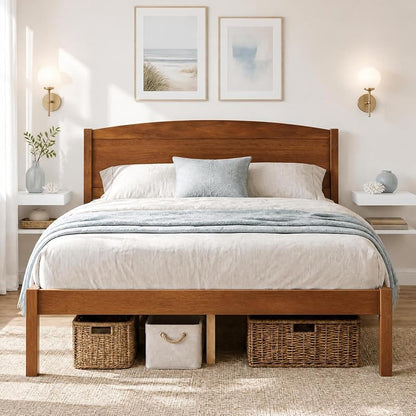 KOMFOTT Full Size Bed Frame with Curved Headboard – Walnut Variation