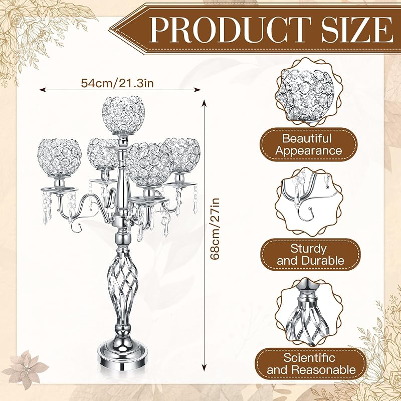 5-Arm Crystal Candelabras Set, 27 Inch - Silver Finish (4 Pieces) - Variation: Silver+4