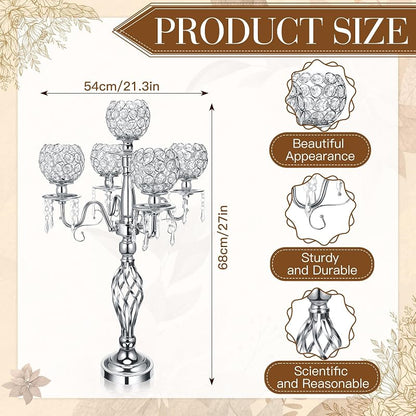 5-Arm Crystal Candelabras Set, 27 Inch - Silver Finish (4 Pieces) - Variation: Silver+4