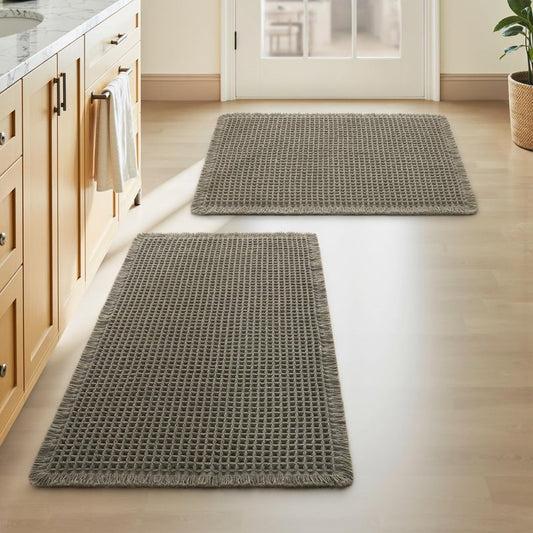 Upgraded Waffle Bath Mats Set of 2, Super Absorbent Non Slip Bath Mats for Bathroom Floor, Washable Boho Bathroom Rugs Set 2 Piece with Tassels, Soft Bathroom Mat Set, 17" x 24" (2 Pack), Green
