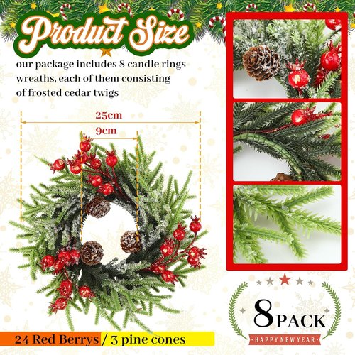 8 Pcs Christmas Candle Rings - 10 Inch Rustic Artificial Berries & Pine Cone Wreaths for Table Centerpieces