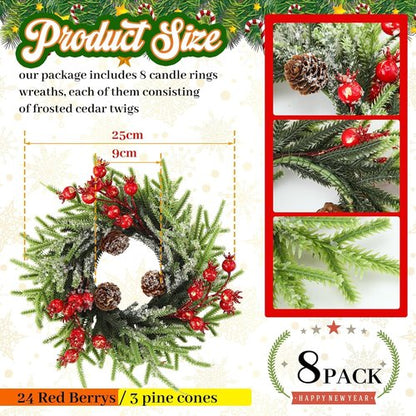 8 Pcs Christmas Candle Rings - 10 Inch Rustic Artificial Berries & Pine Cone Wreaths for Table Centerpieces