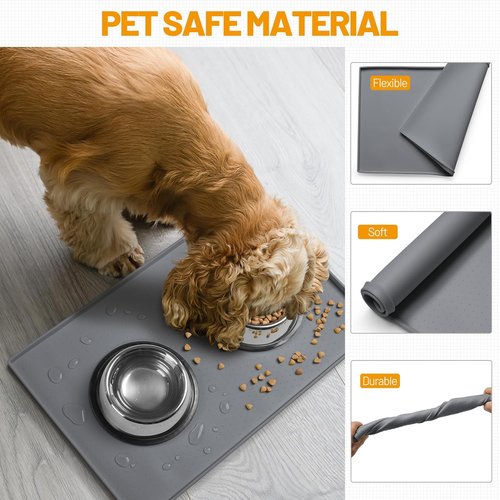 Hubulk Dog Feeding Mat - 100% Waterproof Silicone Pet Bowl Placemat | Non-Slip Design, Grey (19"x12"x0.5")
