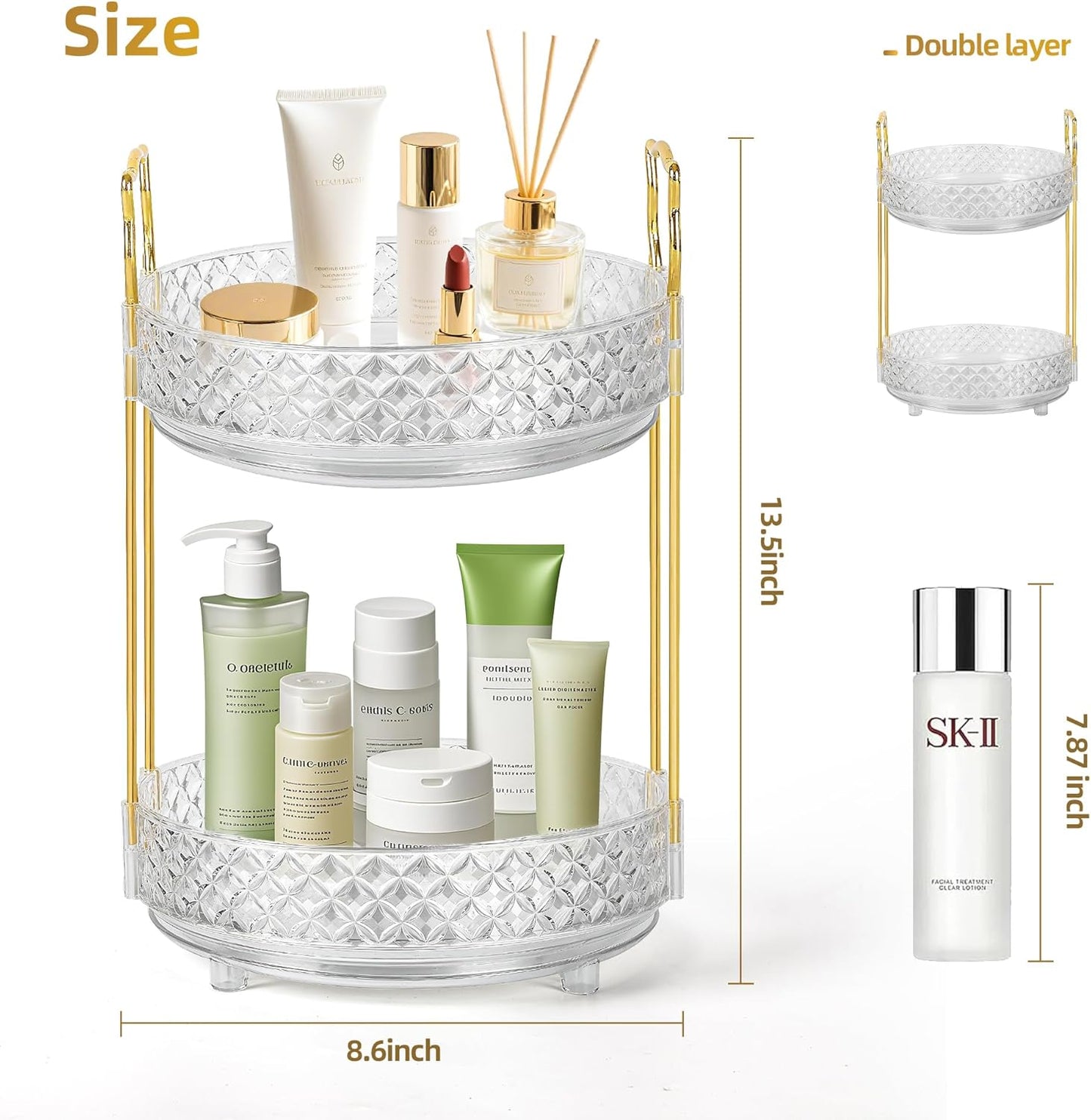 Skiennix 360 Rotating Makeup Organizer - 2-Tier Adjustable Perfume Storage for Vanity & Dresser, Clear