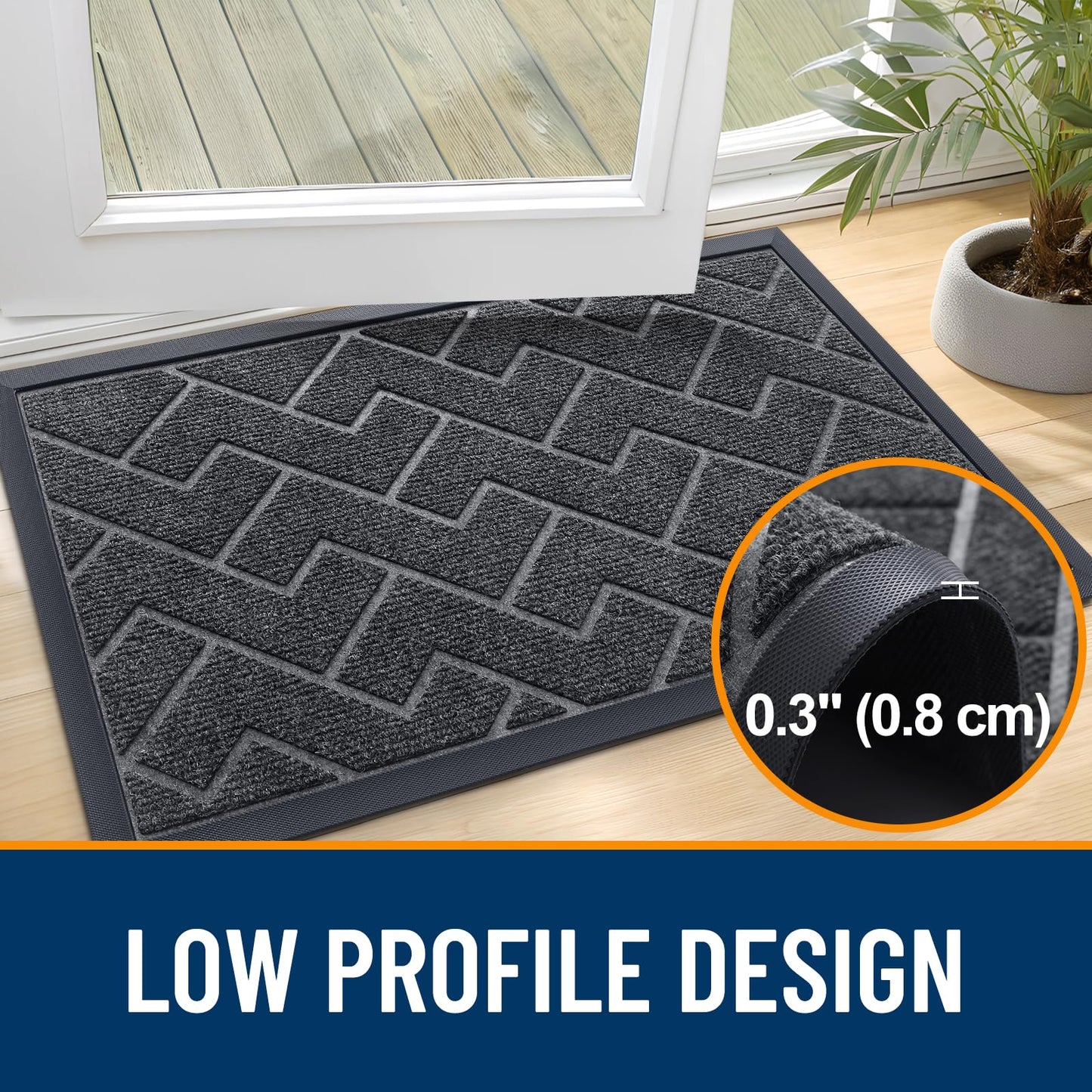 OLANLY Front Door Mat Indoor Outdoor Entrance, Waterproof All-Season, All-Weather Doormat, Sturdy Natural Rubber, Low Profile, Easy Clean Patio Porch Entryway Mat, Herringbone Brick (Grey, 36x24)