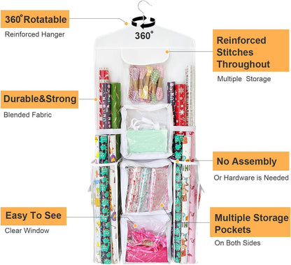 SumDirect Double-Sided Gift Wrap Organizer - White Hanging Storage for Wrapping Paper & Gift Bags