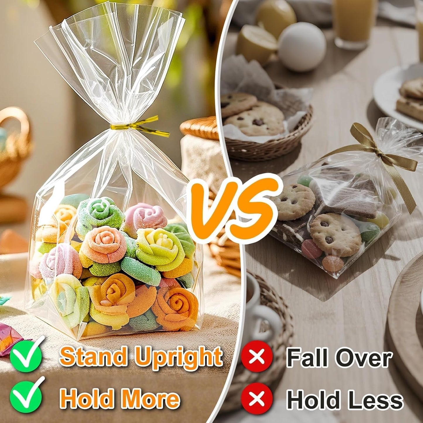 PigPotParty Cellophane Treat Bags 6x9 Inch, 50 Pack Clear Goodie Bags with Bottom Gusset for Stand-Up Display, Small Plastic Gift Wrap for Cookies, Candy, Party Favors, Popcorn, Includes 50 Gold Ties