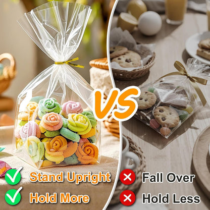PigPotParty Cellophane Treat Bags 6x9 Inch, 50 Pack Clear Goodie Bags with Bottom Gusset for Stand-Up Display, Small Plastic Gift Wrap for Cookies, Candy, Party Favors, Popcorn, Includes 50 Gold Ties