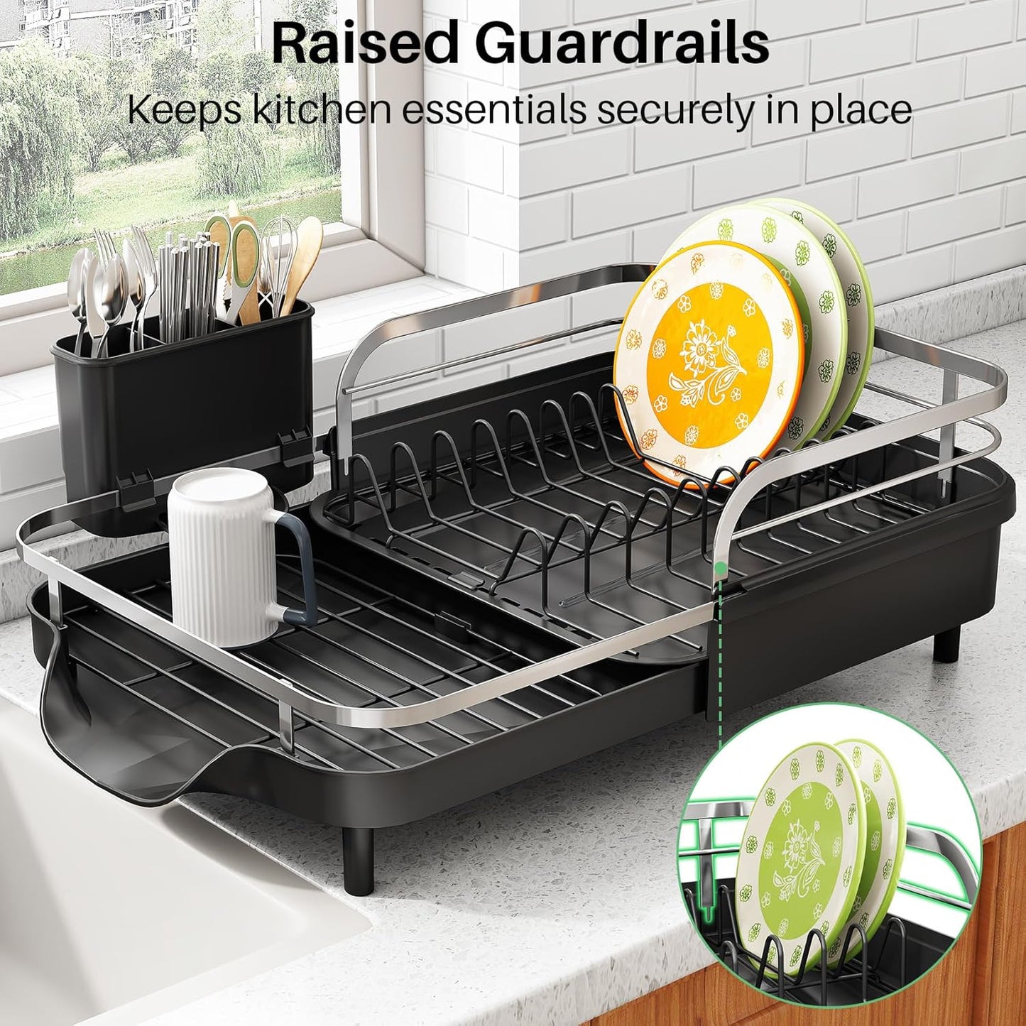 SAYZH Dish Drying Rack - Expandable Rust-Resistant Kitchen Organizer with Utensil Holder | Black