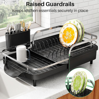 SAYZH Dish Drying Rack - Expandable Rust-Resistant Kitchen Organizer with Utensil Holder | Black