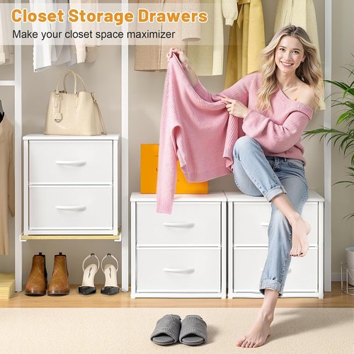 DAOUTIME Stackable Storage Drawers - 4 Drawer White Closet Organizer with Wooden Top & Metal Frame