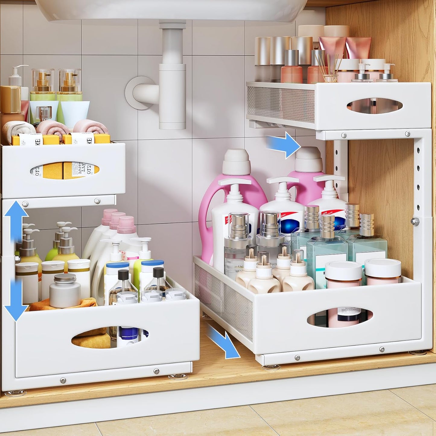 Under Sink Organizer | 2-Pack 2-Tier Pull-Out Shelf with Mesh Drawers for Kitchen & Bathroom