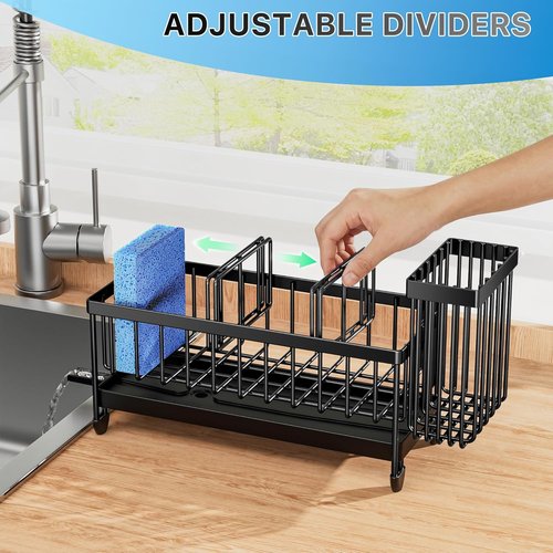 Cisily Kitchen Sink Caddy Organizer - Rustproof 304 Stainless Steel Sponge Holder (Black, 9.25")