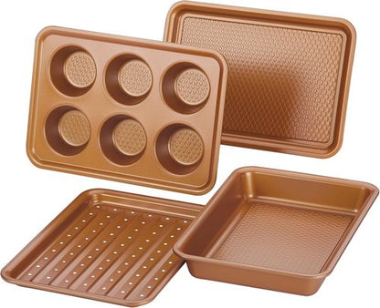 Ayesha Curry Nonstick Bakeware Set - 4-Piece Toaster Oven Set with Copper Brown Baking Pan & Muffin Pan