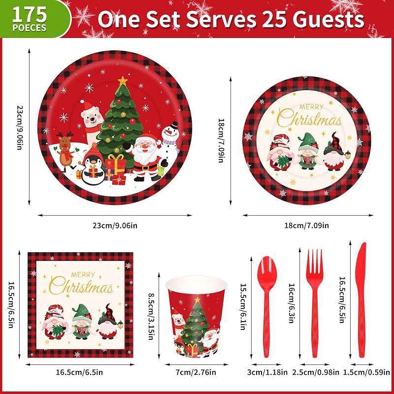 175Pcs Christmas Disposable Dinnerware Set – 25 Plates 9" & 7", Cups, Napkins & Cutlery, Red Holiday party supplies