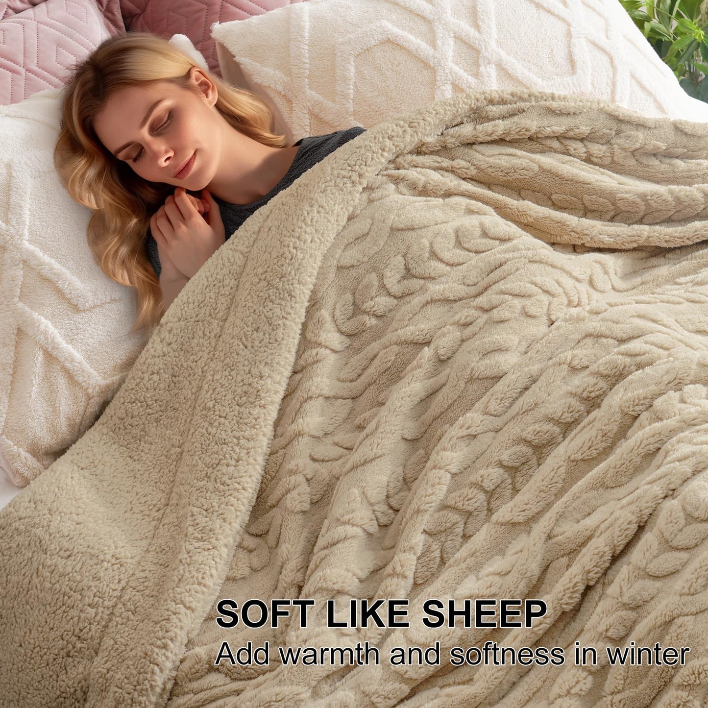 PHF Fluffy Sherpa Blanket King Size for Winter, Warm and Soft, 510GSM 3D Jacquard Thick Shaggy Fleece Plush Blanket for Sofa Bed, Khaki, 108"x90"