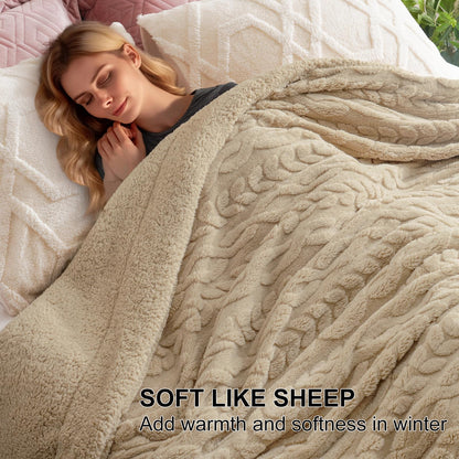 PHF Fluffy Sherpa Blanket King Size for Winter, Warm and Soft, 510GSM 3D Jacquard Thick Shaggy Fleece Plush Blanket for Sofa Bed, Khaki, 108"x90"