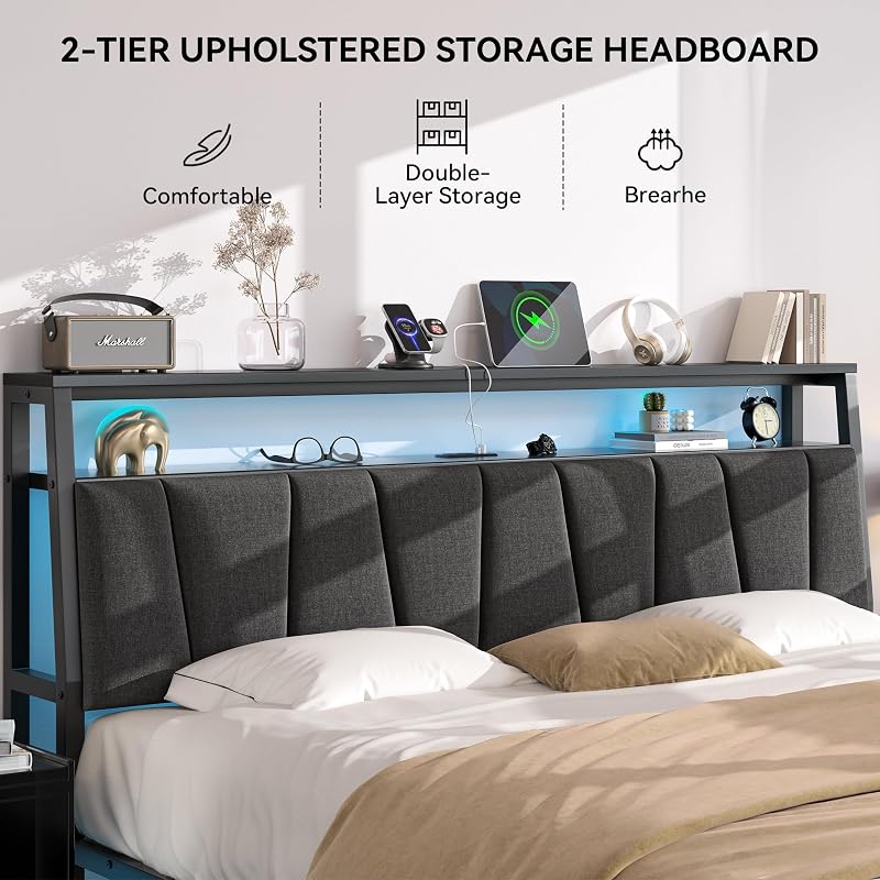 FreeHouse King Size Bed Frame with Storage Drawers, Grey Engineered Wood