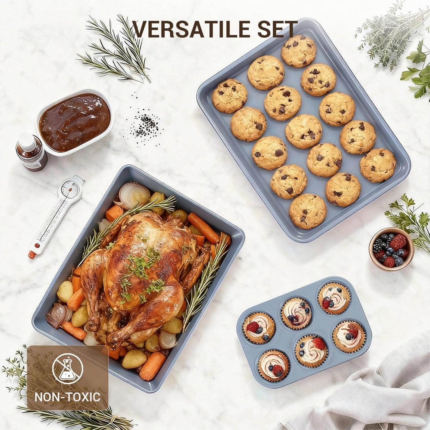 Ammeloo 22-Piece Non-Stick Baking Pans Set - Stackable Bakeware with Oven Mitts & Utensils | Gray & Stone Black
