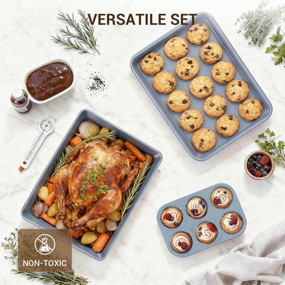 Ammeloo 22-Piece Non-Stick Baking Pans Set - Stackable Bakeware with Oven Mitts & Utensils | Gray & Stone Black