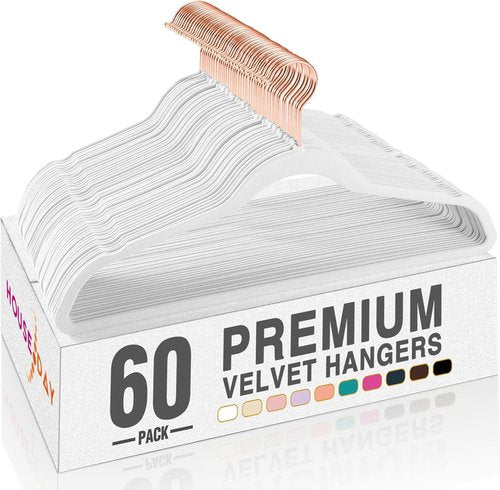 HOUSE DAY White Velvet Hangers - Premium Non-Slip Felt Clothes Hangers | 60 Pack, Durable Heavy Duty Design