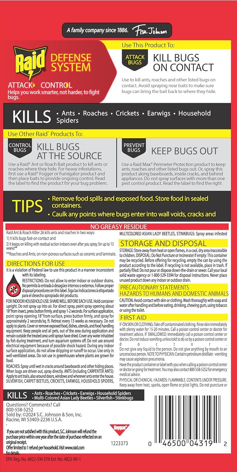 Raid Ant & Roach Aerosol Bug Spray - Water-Based Insecticide, Kills On Contact, 17.5 oz