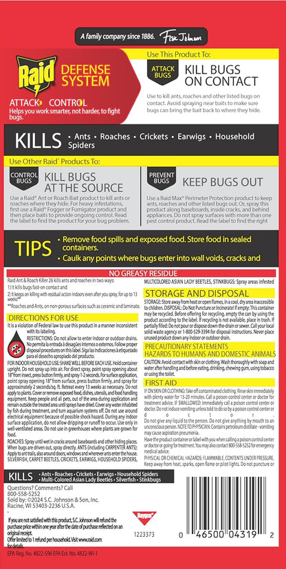 Raid Ant & Roach Aerosol Bug Spray - Water-Based Insecticide, Kills On Contact, 17.5 oz