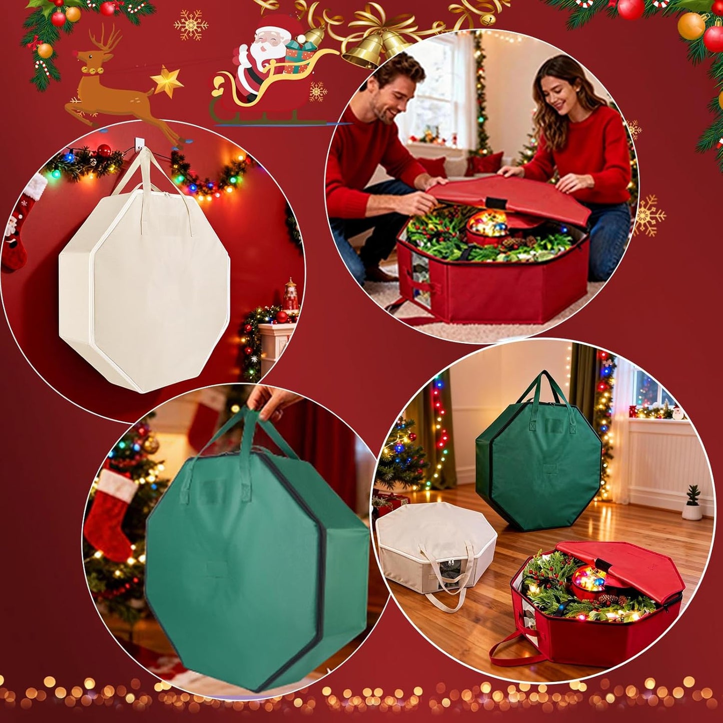 BrilliantJo Wreath Storage Bag - Hard Shell Christmas Decoration Case with Pockets | 24-Inch Green 600D Oxford Fabric