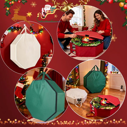 BrilliantJo Wreath Storage Bag - Hard Shell Christmas Decoration Case with Pockets | 24-Inch Green 600D Oxford Fabric