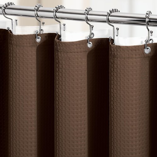 Dynamene Stall Shower Curtain and Liner Set - 36 x 72 inch Half Waffle Fabric, Narrow Waterproof Clear Liner, Heavy Duty Weighted Hotel Luxury Cloth Shower Curtains for Bathroom with 6 Hooks, Brown