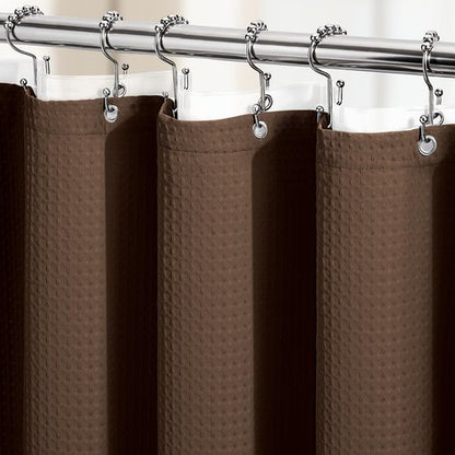 Dynamene Long Shower Curtain and Liner Set - 78 inch Tall Waffle Fabric, Waterproof Clear Liner, Heavy Duty Weighted Hotel Luxury Cloth Shower Curtains for Bathroom with 12 Hooks, 72x78, Brown