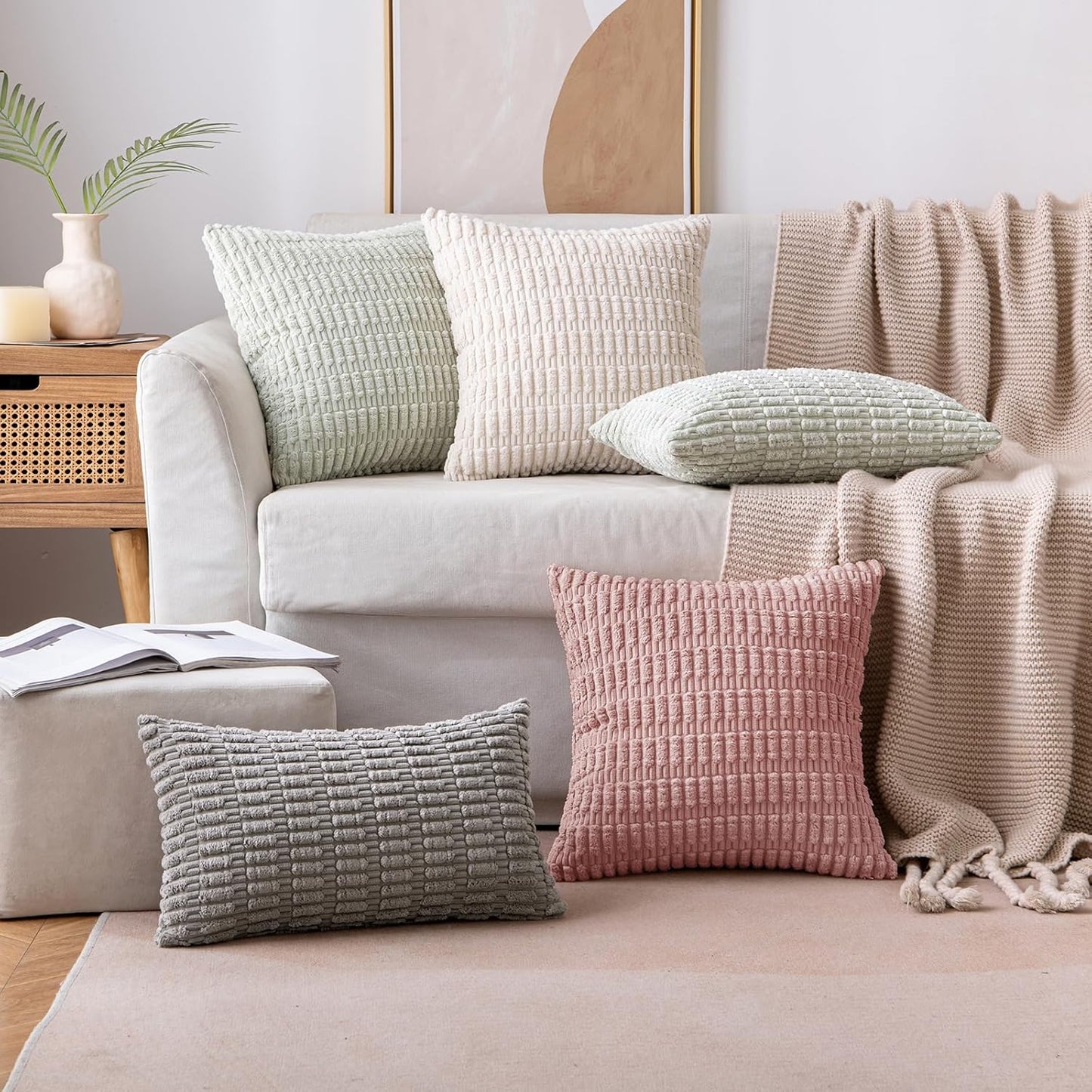 MIULEE Corduroy Throw Pillow Covers - Soft Boho Striped Design | 18x18 Inch Blush Pink Decor for Sofa & Bed