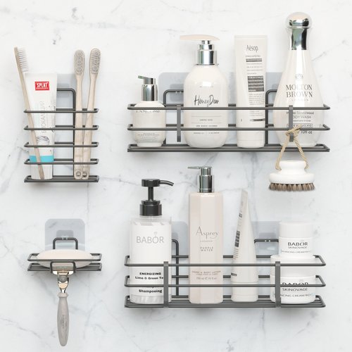 Dekula Adhesive Shower Caddy 4 Pack, Shower Shelves Organizer for Bathroom Storage, Rustproof Stainless Steel Bath Organizers, Kitchen, Adhesive or Screw, Soap Dish, Hooks, Wall Shelf