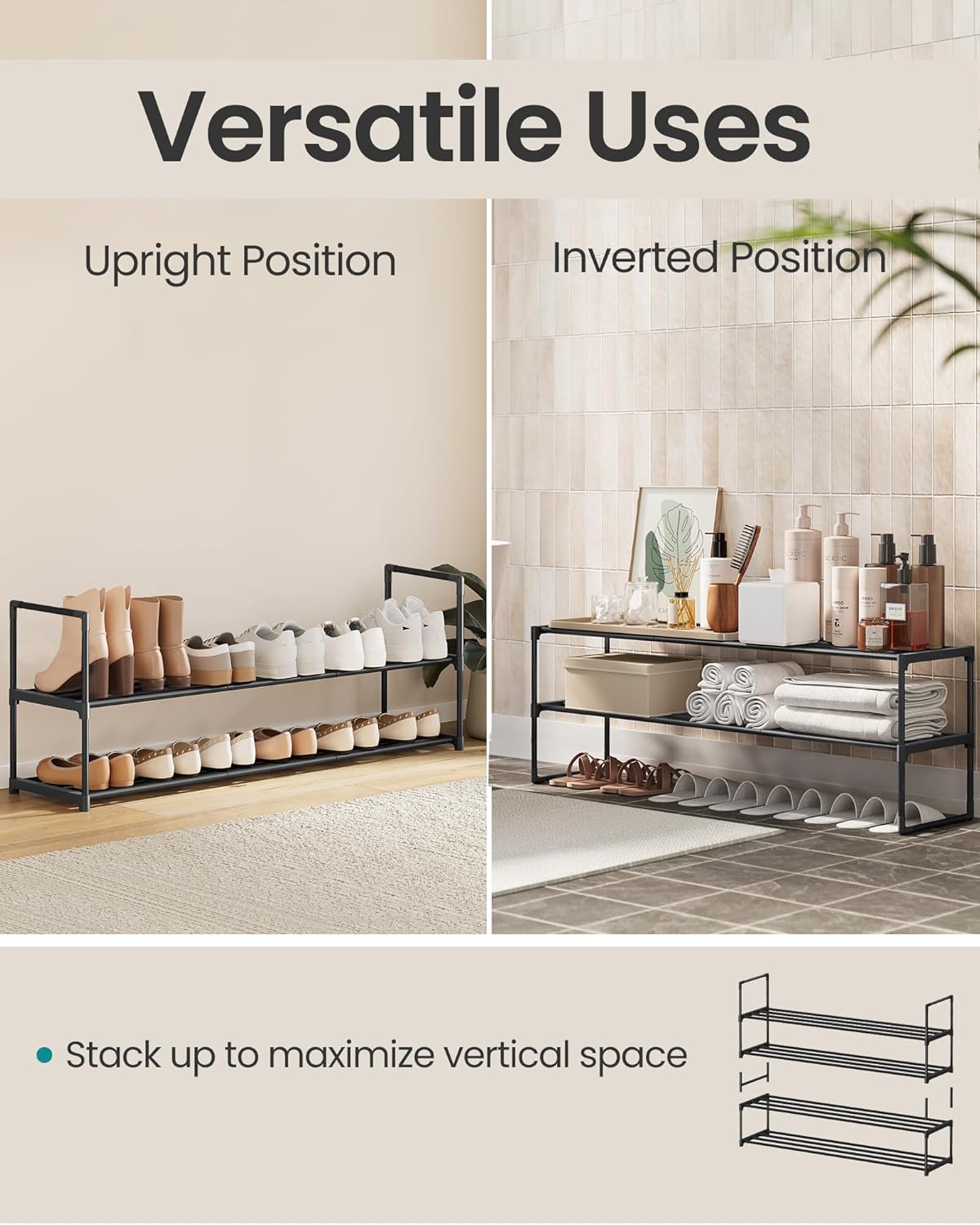 SONGMICS 2-Tier Shoe Rack - Stackable Metal Organizer for 15-18 Pairs | Black, 11.8 x 46.1 x 14.6 Inches