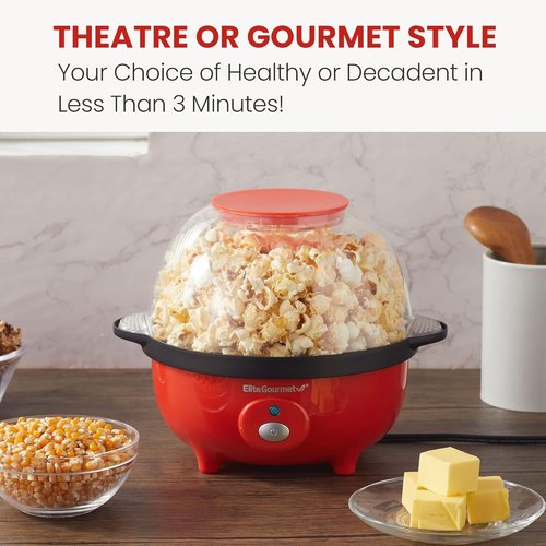 Elite Gourmet Automatic Stirring Popcorn Maker - 12-Cup Nonstick Ceramic Design, Red