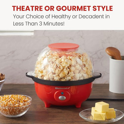 Elite Gourmet Automatic Stirring Popcorn Maker - 12-Cup Nonstick Ceramic Design, Red | Perfect for Home Parties
