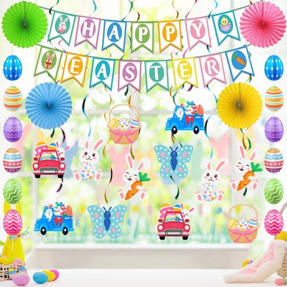 32Pcs Easter Decorations Easter Decor Happy Easter Banner Egg Bunny Garland Hanging Swirl for Home Office School Classroom Themed Party Decorations