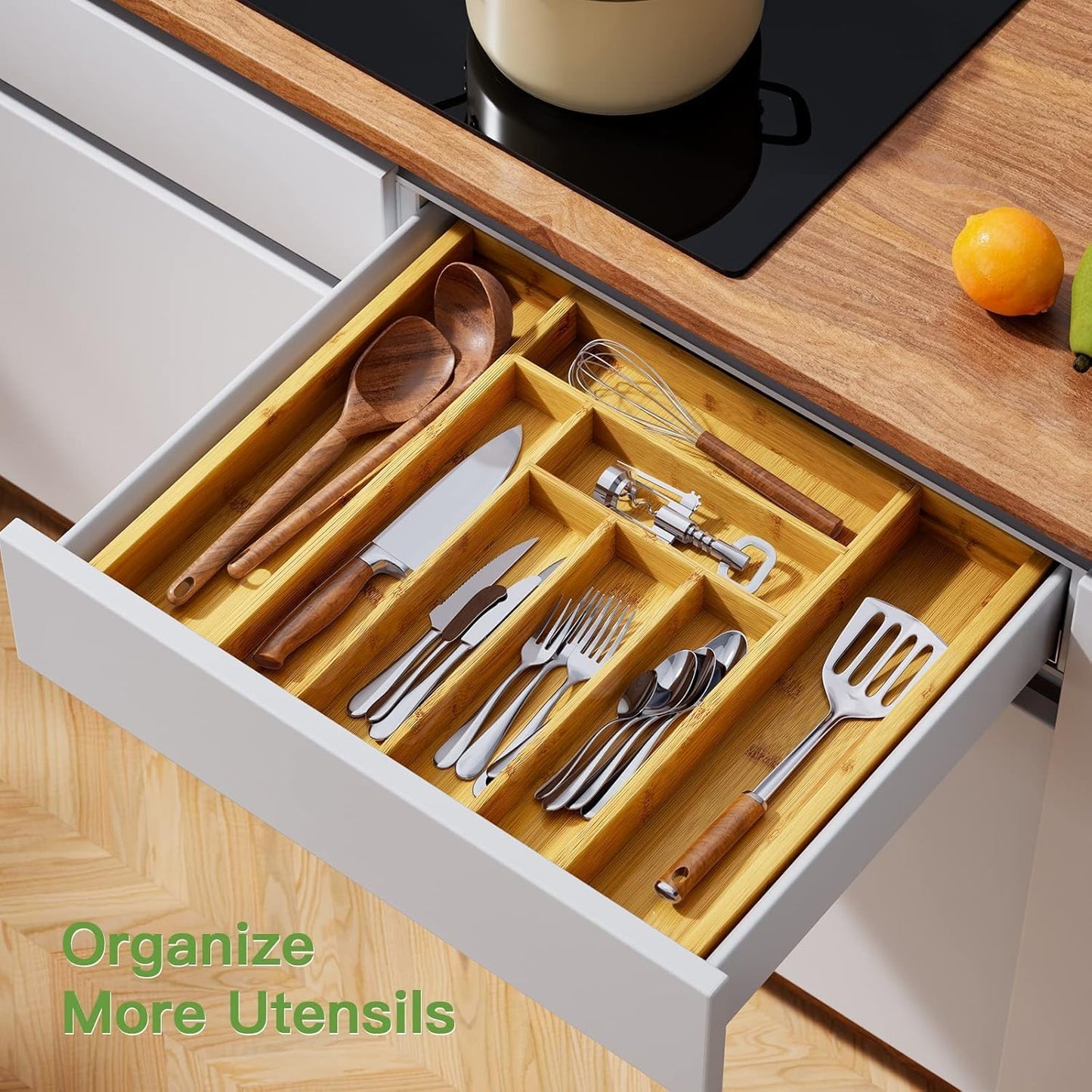 Pipishell Bamboo Silverware Organizer - Adjustable Utensil Tray for Kitchen & Home | Cutlery Holder