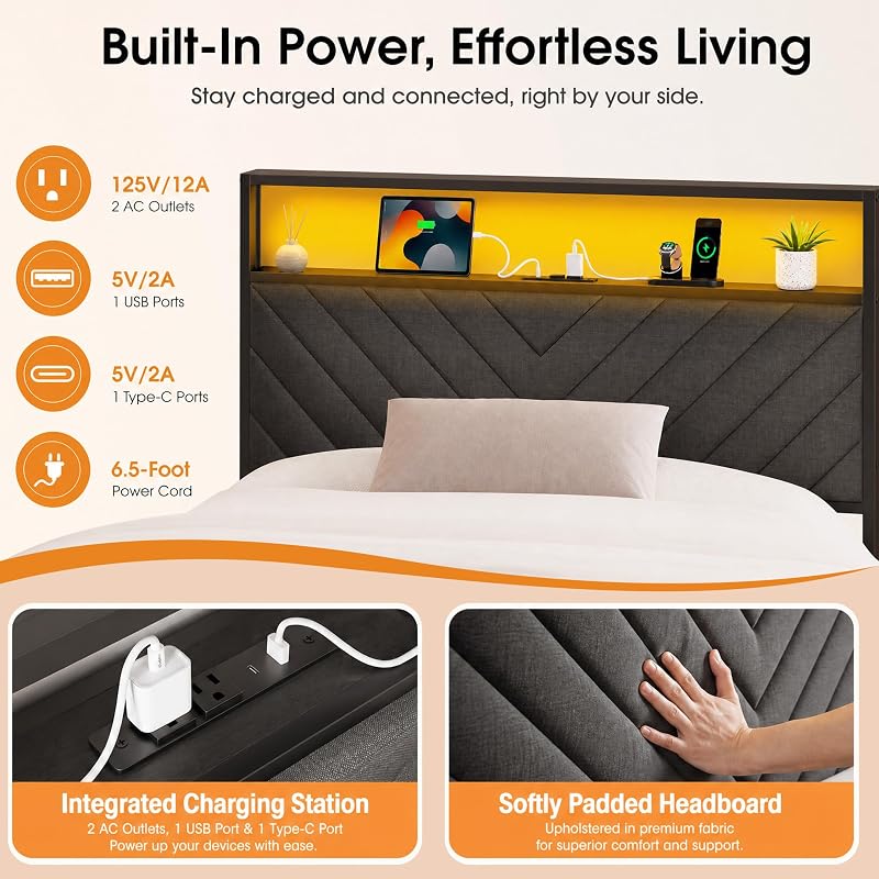 Full Size Bed Frame with Headboard, LED Light & Charging Station – Black (Variation: Black+Full)