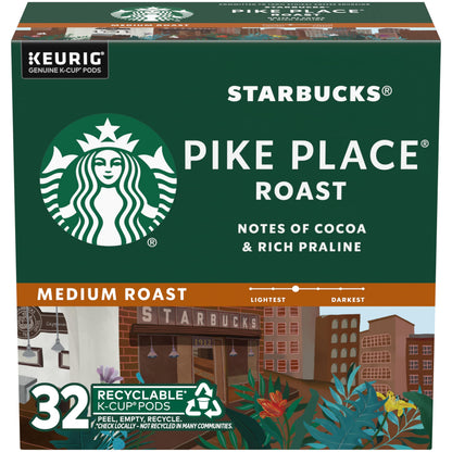 Starbucks K-Cup Coffee Pods, Medium Roast Hot or Iced Coffee, Pike Place Roast, 32 Keurig Pods