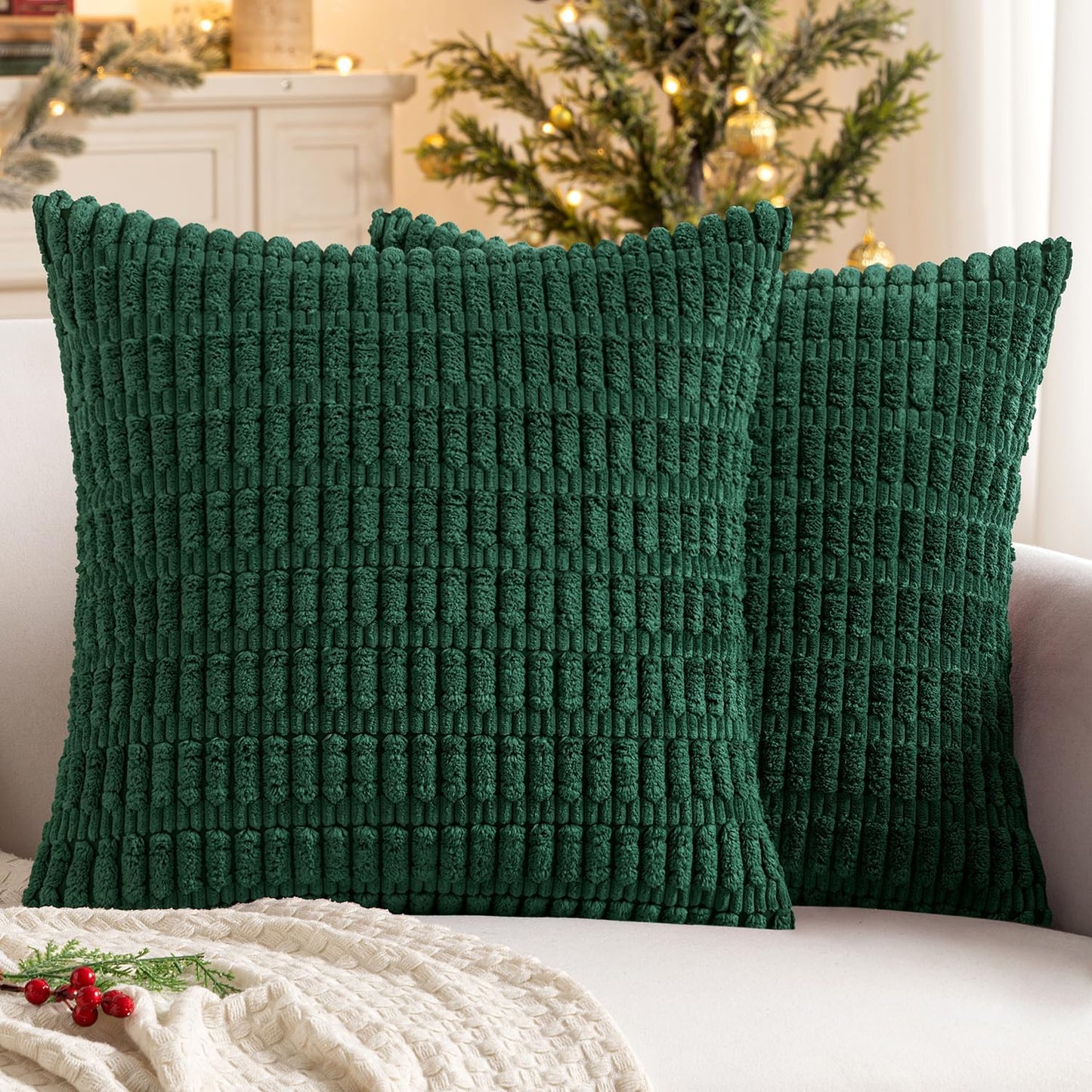 MIULEE Euro Sham Pillow Covers - Soft Dark Green Corduroy | 24x24 Inch Boho Striped Decor for Sofa & Bed