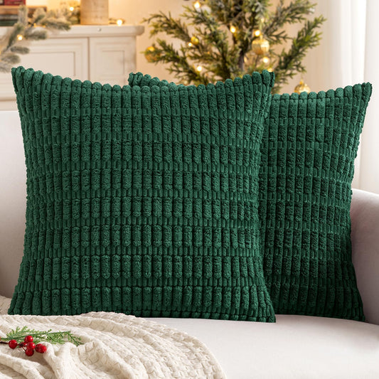 MIULEE Euro Sham Pillow Covers - Soft Dark Green Corduroy | 24x24 Inch Boho Striped Decor for Sofa & Bed