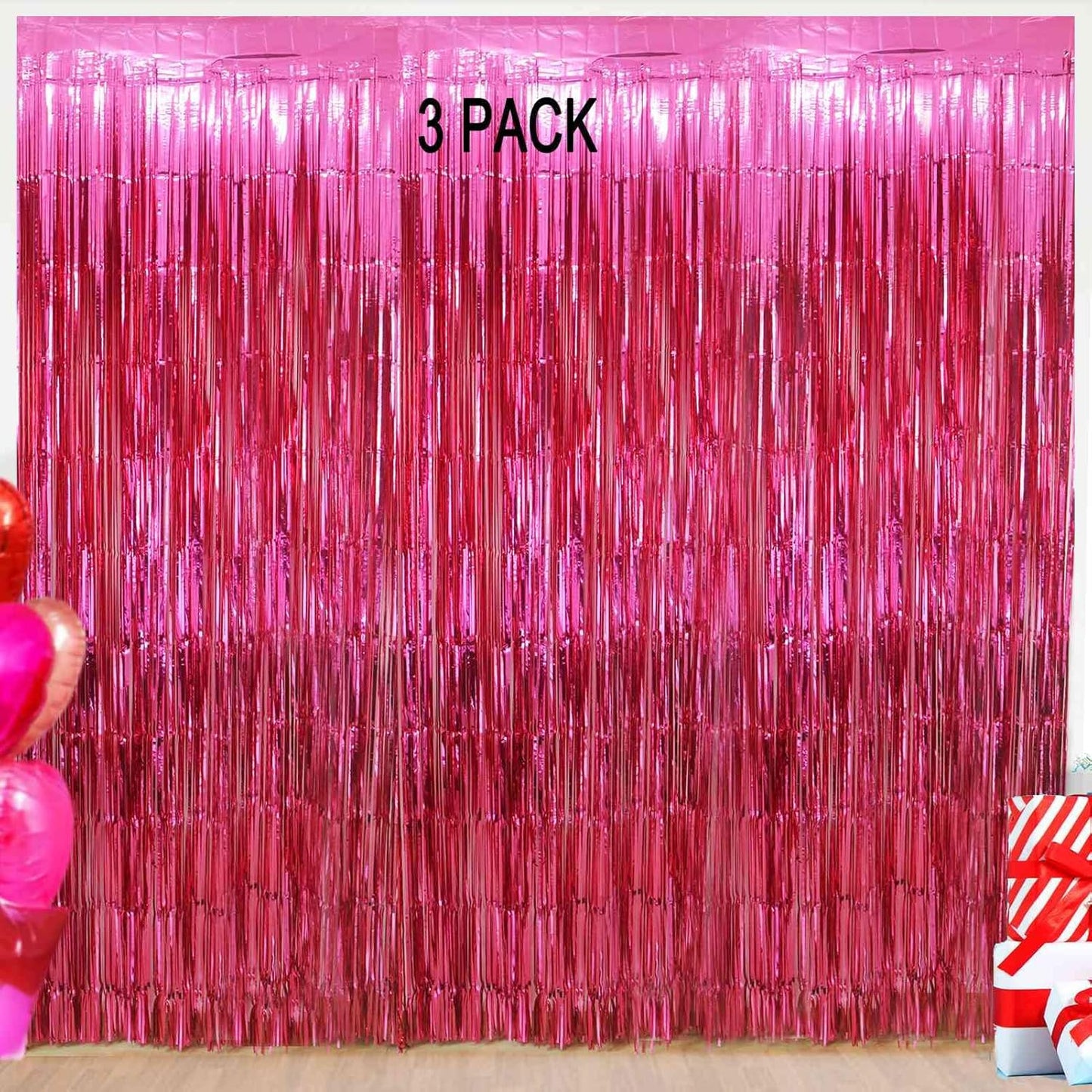 Valentines Day Party Decorations | Hot Pink Foil Fringe Curtains - 3 Pack, 3.2x8.2ft Backdrop