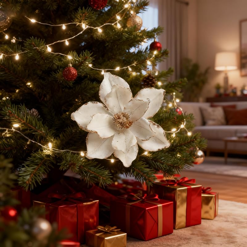 Cream White 6 Pcs 10.2’’ Large Glitter Magnolia Artificial Flowers for Christmas Tree Decorations
