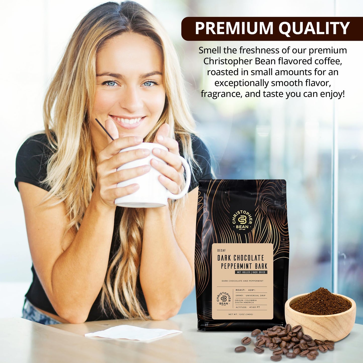 Christopher Bean Coffee - Dark Chocolate Peppermint Bark Flavored Coffee, (Decaf Ground) 100% Arabica, No Sugar, No Fats, Made with Non-GMO Flavorings, 12-Ounce Bag of Decaf Ground Coffee