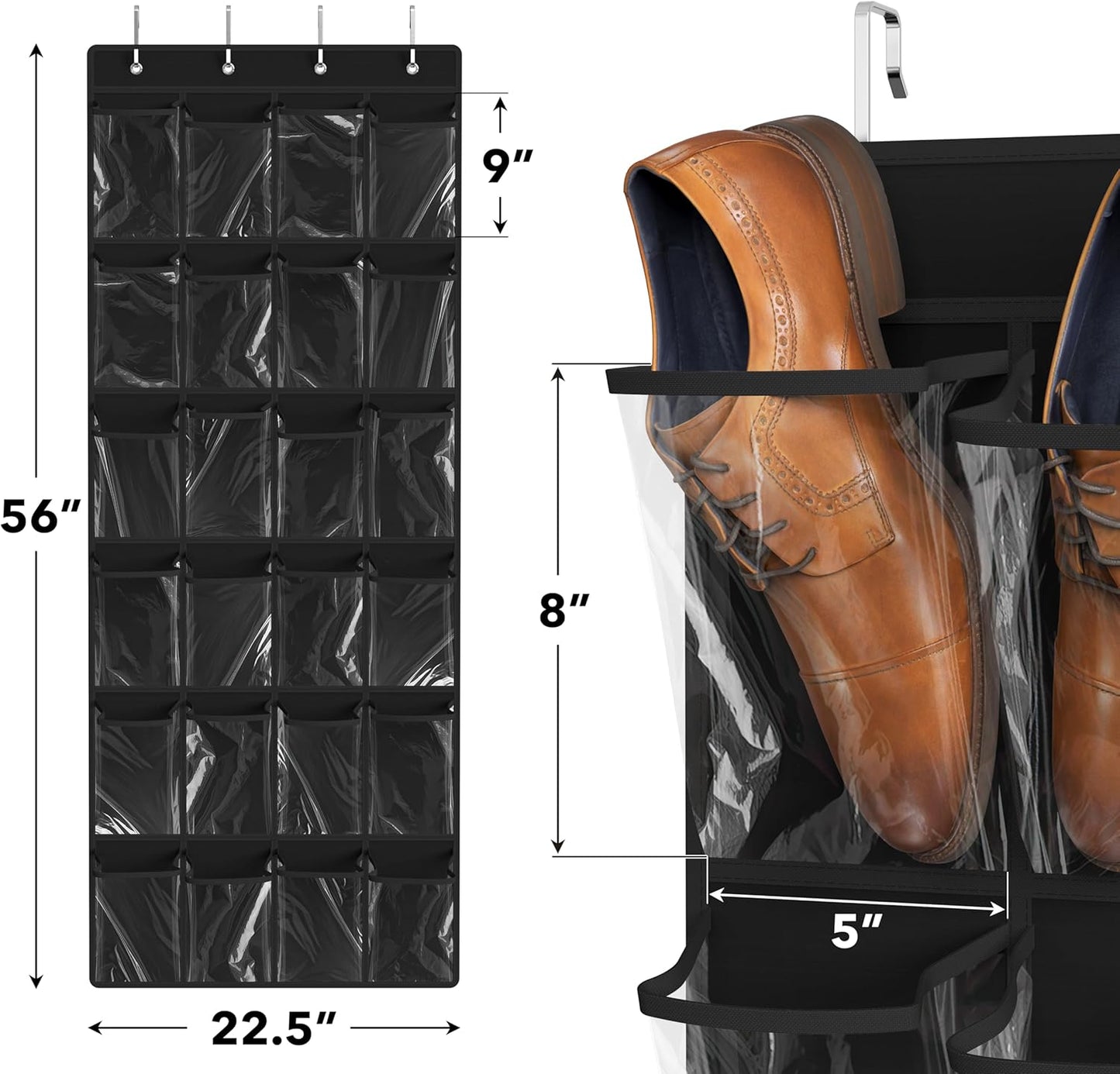 Simple Houseware Over The Door Shoe Organizer - 24 Large Clear Pockets, Black (56" x 22.5")