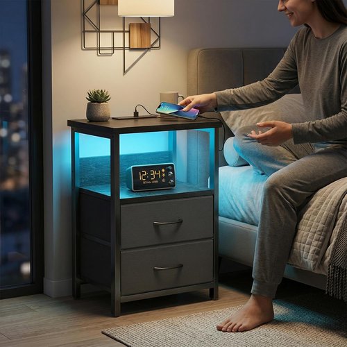 Fixwal Night Stand - LED Nightstand with Charging Station & USB Ports, Modern Black with 2 Drawers