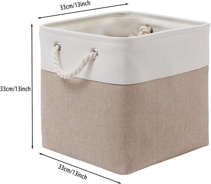 MidmmVick Cube Storage Bins - 13 x 13 Inch Collapsible Fabric Bins, 4 Pack for Home & Office | White & Beige