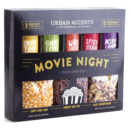 Urban Accents Movie Night Popcorn Gift Set - 3 Gourmet Kernels & 5 Flavorful Seasonings | Ideal Snack Box for Parties